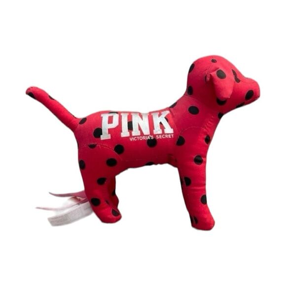 Victoria Secret Pink Plush Dog Red Black Polka Dots Love Silver Stuffed - Picture 1 of 3